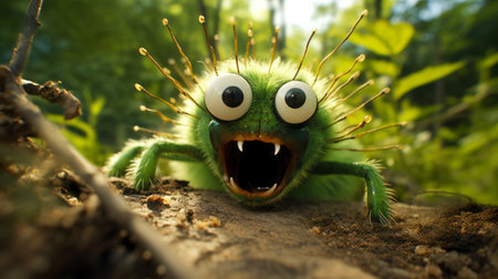 a small green worm with green eyes stands on a bed of spiky mounds in this animated exuberance style photograph. the playful expressions on the worm's face add to the fun and playful imagery. this movie still, captured by igor zenin, showcases a unique and creative composition made entirely of insects. ai generatedの素材