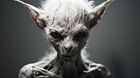 an intense and hyperrealistic portrayal of an elf figure with horns and wings, captured using the sony fe 12-24mm f/2.8 gm lens. the image showcases a unique blend of creased, crinkled, and wrinkled textures, created using zbrush. the composition features a striking juxtaposition of hard and soft lines, reminiscent of a horror film aesthetic. ai generatedの素材