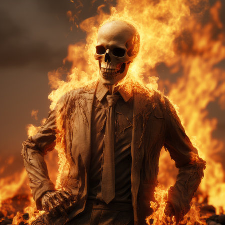 a skeleton character, dressed in a suit, is engulfed in flames, showcasing a realistic hyper-detailed rendering. the explosive pigmentation adds intensity to the image, which is captured in uhd quality. this artwork, inspired by the styles of kurt wenner and martin stranka, evokes an intense emotional expression through its dark amber tones. ai generatedの素材