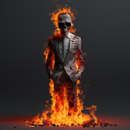 human skull burning in fire, 3d illustration. this unique 3d render depicts a skull engulfed in flames, creating a striking visual. inspired by celebrity portraits, the artwork showcases a corporate punk aesthetic, with intricate details resembling miniature sculptures. ai generatedの素材