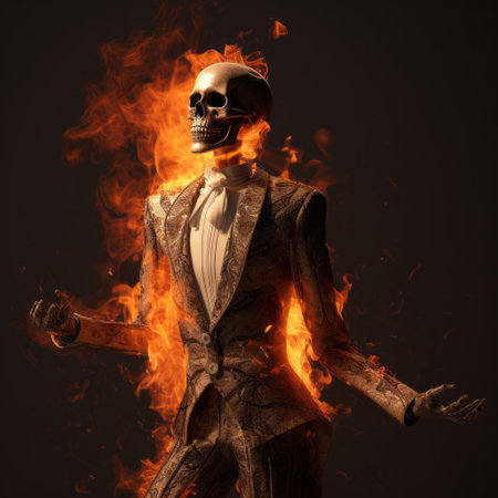 a burning skeleton, dressed in an elegant suit, is captured in this portrait against the backdrop of talyan. the image, created in the style of daz3d, showcases expressive gestures and an elegantly formal atmosphere. shot on 70mm, the burning skeleton's suit is made of leatherhide, adding an orange hue to the overall elegant composition. ai generatedの素材