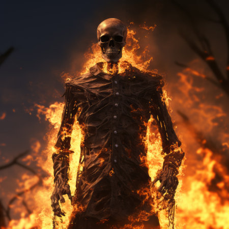 a skeleton and fire wallpaper featuring a realistic rendering of the human form. this fire wallpaper is digitally enhanced with hyper-detailed rendering, giving it a burned and charred appearance. perfect for your desktop, this wallpaper is inspired by the style of daz3d and todd mcfarlane, creating a visually stunning and captivating image. ai generatedの素材