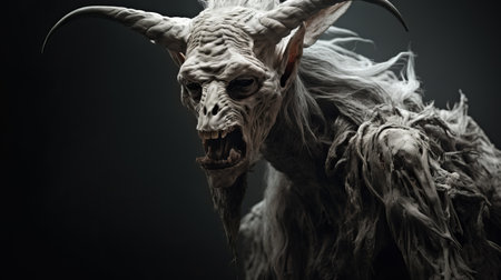 a large horned beast with a sword, depicted in haunting portraiture style using zbrush. the image, captured with a zeiss batis 18mm f2.8 lens, showcases creased, crinkled, and wrinkled textures. the artist skillfully employs subtle light and shadow to enhance the fantastic grotesque nature of the subject. the color palette consists of dark, white, and beige tones. ai generatedの素材
