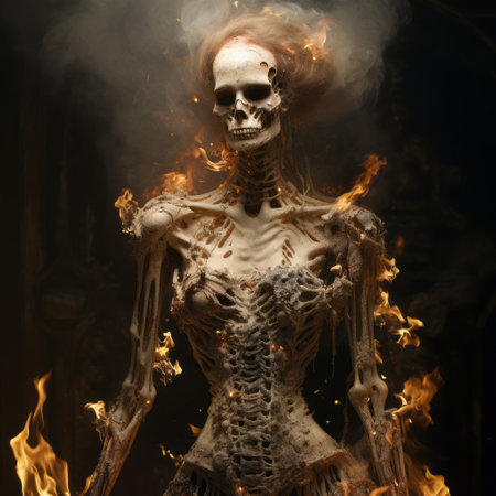 a burnt skeleton, surrounded by red flames, holds candles in a hyper-detailed and realistic rendering. this photo, inspired by the styles of miss aniela and serge marshennikov, showcases a cinematic montage with a focus on realistic depictions of the human form. the highly detailed illustration captures the essence of womancore aesthetics. ai generatedの素材