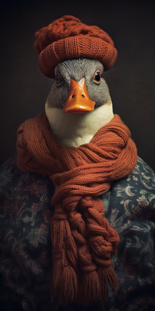 a goose wearing a scarf and sweater poses for a winter portrait. this photograph showcases a contemporary realist style with rich, dark orange tones. the detailed portrait captures the essence of the subject, highlighting the expertise of the algeapunk photographer. the image is processed using darktable, enhancing its artistic appeal. ai generatedの素材