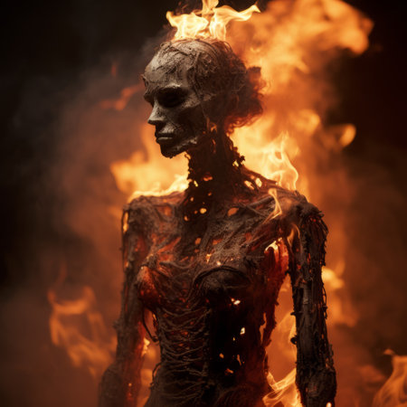 a burning skeleton, created in the style of feminine sculpture, is depicted in this detailed atmospheric portrait rendered in unreal engine. the intense close-ups capture the charred and burned features, reminiscent of alberto giacometti's work. marcin sobas skillfully brings this haunting image to life. ai generatedの素材