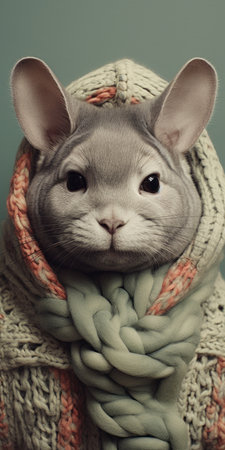 a cute grey and brown kitten is captured in a scarf and hood, showcasing a kitsch aesthetic. this pastel-toned portrait, rendered in cinema4d, highlights the intricate details of the adorable feline. discover the beauty of this stunning photograph on flickr. ai generatedの素材