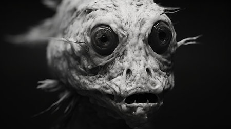 a black and white photograph featuring a fish with strikingly large eyes, reminiscent of the artistic styles of zbrush and indonesian art. the image showcases exaggerated facial features, giving it a unique and captivating appeal. this high-definition photo captures the essence of goblincore and frogcore aesthetics, reminiscent of a national geographic shot. ai generatedの素材