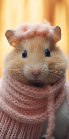 the hamster is wearing a pink sweater, showcasing a style inspired by muted colorscape mastery. the sweater features light orange and gold accents, adding a touch of bunnycore aesthetic. the soft-focus portrait captures the hamster's adorable expression, while the detailed costume reflects elements of aurorapunk. ai generatedの素材