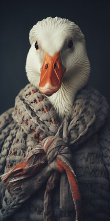 a goose wearing a sweater, captured in a detailed atmospheric portrait by object portraiture specialist marta bevacqua. the textured fabrics of the sweater showcase a beautiful combination of light beige and orange hues. this unique image was created using zbrush and the tokina opera 50mm f/1.4 ff lens. ai generatedの素材
