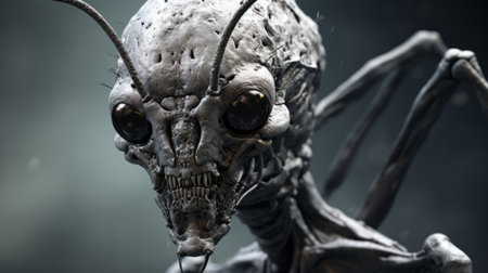 a 3d software-rendered creature, resembling a combination of insects, is depicted with its massive arms and elongated legs. the artwork showcases intricate details and a sculptural expression, reminiscent of david finch's style. the use of skull motifs adds a touch of macabre, while the macro zoom enhances the atmospheric portraits, as if the creature is brought to life in the unreal engine. ai generatedの素材