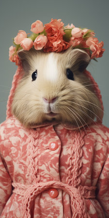 a vintage-style sepia-toned photograph showcasing a pink and lilac rabbit wearing a charming pink shirt adorned with delicate flowers. the attention to detail in the costume and fashion is exquisite, with a delightful combination of orange and green hues. this whimsical creation, made of cheese, is a true work of art captured on flickr, featuring light turquoise and red accents. ai generatedの素材