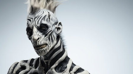 a skeleton with a tattoo featuring a mohawk-faced design stands in a close-up shot. the image showcases textural paint effects, minimal retouching, and a color palette of white and gray. the skeleton's sculptural costume and varied brushwork techniques add depth and visual interest. zigzag patterns further enhance the composition. ai generatedの素材