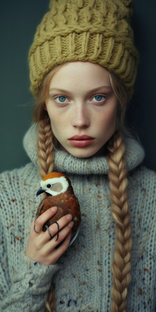 a girl with beautiful braids sits next to a bird in this contemporary realist portrait photograph. the image captures elements of fawncore, realistic surrealism, and 20th-century scandinavian style. the warm color palettes and naturalistic bird portraits add to the overall aesthetic. shot with a wollensak 127mm f47 ektar lens, this photo showcases the beauty of the subject and the surrounding environment. ai generatedの素材