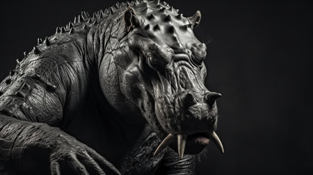 a large, black dinosaur with sharp teeth stands in a realistic and hyper-detailed rendering. the image is captured in the style of the lensbaby composer pro ii with edge 50 optic, showcasing the intricate details of the creature. the tokina at-x 11-16mm f/2.8 pro dx ii lens adds depth and clarity to the photograph. ai generatedの素材