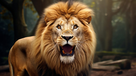 a majestic lion rests in the forest, its mouth wide open. this hyper-detailed, realistic photograph captures the essence of the king of the jungle. with soft lighting and ultra-realistic rendering, this high-quality image showcases the beauty and power of the lion in its natural habitat. ai generatedの素材