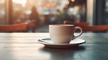 white cup of coffee on table in front of entrance, backlit photography style, soft focal points, atmospheric urbanscapes. dark teal and light orange color scheme with earth tones. influenced by hinchel or and precisionism. ai generatedの素材