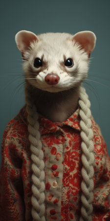 a furry ferret wearing a sweater, captured in a meticulous photorealistic still life. this adorable creature showcases the unique combination of floralpunk and wovenperforated aesthetics. the soft-focus portrait highlights the intricate details of the ferret's fur and the cozy sweater. the rubber material adds an unexpected twist to the composition, creating a wimmelbilder-like atmosphere with a touch of barbiecore. ai generatedの素材