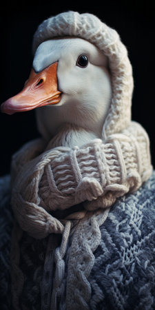 a duck wearing a knit hat is captured in a photograph inspired by the texture-rich layers and storytelling style of the dusseldorf school of photography. the image showcases a combination of dark white and light pink tones, creating a hyperrealistic composition. shot with a rollei prego 90, the photo highlights the intricate details of the duck's luxurious fabrics. ai generatedの素材