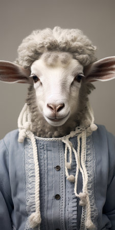 the sheep, with its three eyelashes, is captured in this fashion photography style. the photo showcases exquisite clothing detail in light indigo and bronze. the portrait highlights normcore fashion with a touch of folkloric themes, portrayed through the use of light navy and light gray tones. ai generatedの素材