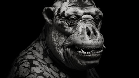 an animal's skull, rendered in black and white, showcases intricate details and a realistic appearance reminiscent of the style of zbrush. this hyper-detailed portrait, inspired by artists like ben wooten, mike campau, and alex petruk, features a sculpted ape skull with a captivating serpentinata pose. ai generatedの素材
