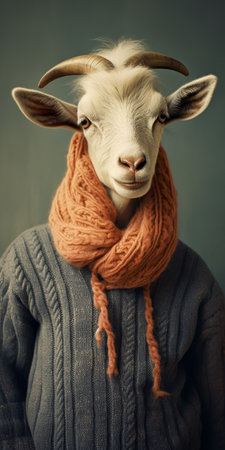 the goat, in this conceptual portraiture by dan matutina, is captured wearing a white sweater. the photograph showcases a shallow depth of field, with a background in dark orange and light indigo. the goat's sweater is made of textured fabrics, adding to the visually detailed and sculpted nature of the portrait. ai generatedの素材