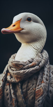 a goose wearing a scarf and beard stands out in this darktable processed photo, showcasing texture play. with a touch of national geographic style, the image captures the intricate details of the exquisite clothing. the focus stacking technique enhances the marine biology-inspired theme, while the chalk adds an artistic touch. ai generatedの素材