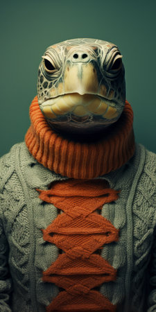 a turtle in an orange sweater, captured in a conceptual portraiture style, showcases a unique blend of manipulated photography. the dark teal and dark beige tones add depth to the image, while the human sculptures and exquisite clothing detail create an intriguing visual narrative. softbox lighting enhances the multi-layered composition, resulting in a captivating and thought-provoking photograph. ai generatedの素材