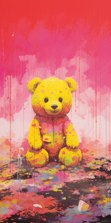 a painting of a stuffed bear sitting on a vibrant canvas of red and yellow paint. this artwork showcases the unique style of pinkcore, neo-pop iconography, and color splash. the painting combines elements of soggy, romanticized realism with a light magenta and yellow color palette. it resembles a colorful muralist masterpiece. ai generatedの素材