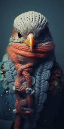 a bird with a red scarf and blue feather, depicted in a zbrush style, showcases bold fashion photography with knitted and crocheted elements. the hyper-realistic animal illustration features dark, muted colors, enhanced by cross processing techniques. the bird's striking appearance is complemented by the use of light orange and light gray tones. ai generatedの素材