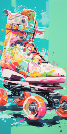 a colorful skateboard painting featuring a playful illustrative style inspired by graphic design poster art. the artwork showcases shoe paintings in a vibrant color palette of light teal and pink, creating a bold and eye-catching composition. digitally enhanced and captured in 32k uhd resolution, this piece is a visually stunning work of art. ai generatedの素材