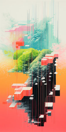 colorful blocks float in an orange sky, forming a hyper-detailed illustration. this illusionary spray paint art showcases pixelated landscapes and precisionist lines. the composition features a captivating blend of dark cyan and pink, inspired by nature. the artwork is characterized by its highly detailed and intricate illustrations. ai generatedの素材