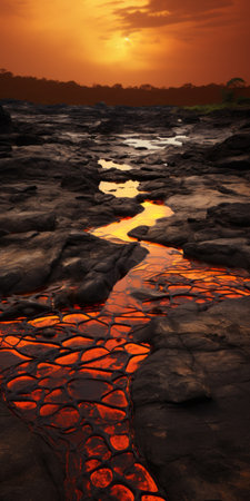 a stunning photograph of ghana showcasing its extreme heat and harsh environment. the image captures the dry land and bubbling pools of lava, presenting a unique perspective through professional nature photography. the details are incredibly sharp, enhanced by the natural and cinematic lighting. shot with a hasselblad 6h camera, this photo truly captures the essence of ghana's rugged beauty. ai generatedの素材