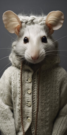 a mouse wearing a sweater is captured in this environmental portrait, showcasing a unique style of aurorapunk fashion. the dark and light white tones create a visually striking contrast, while softbox lighting adds depth to the image. the precisionist style highlights the intricate details of the mouse's costume, making it a captivating subject for photography enthusiasts on flickr. ai generatedの素材