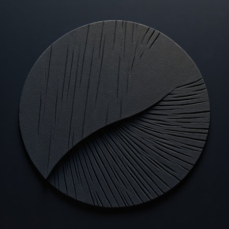 a black circular logo featuring a densely textured circular pattern and a light circle in the foreground. the design is reminiscent of relief sculpture and mori kei fashion, with energetic lines and sculptural paintings. the matte photo showcases the textured and layered abstract forms, creating a visually captivating image. ai generatedの素材