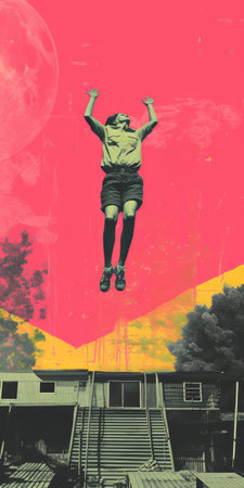 a person jumps high in the sky, surrounded by houses and stars, in a pop art-inspired collage. the vibrant colors of yellow and magenta create a forestpunk aesthetic. this collage artwork, reminiscent of olafur eliasson's style, emphasizes the beauty of nature. ai generatedの素材