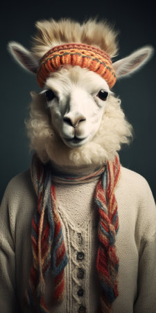 a llama with a beanie and plaid pattern is captured in this artistic reportage-style photograph. the image exudes a soft surrealism, reminiscent of wimmelbilder and troubadour style. the llama's face stands out against a backdrop of light white and light crimson hues. the beanie and plaid design showcase a knitted and crocheted texture, while the photograph is presented in stunning 8k resolution. ai generatedの素材