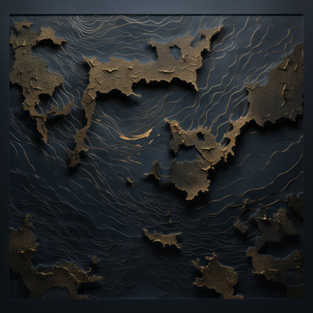 a gold piece of art is printed onto a black background, showcasing a surreal 3d landscape with textured abstraction. the artwork depicts naturalistic ocean waves, deconstructed landscapes, and an aerial view. the color palette consists of dark gray and dark blue, creating a captivating and visually striking piece of generative art. ai generatedの素材