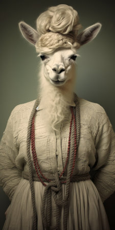 a white llama is captured in a fancy dress, reminiscent of meticulous photorealistic still lifes. this emotional portraiture showcases the llama's regal presence, while the ambrotype technique adds a vintage touch. the light maroon and light green colors of the dress beautifully complement the llama's fur. the layered fibers create a textured effect, enhancing the overall visual appeal. the political imagery and studio portrait styleの素材