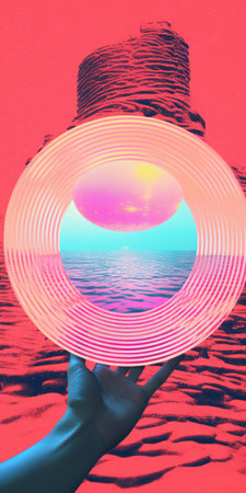 a hand holds a pink colored ball in front of a psychedelic graphic design landscape. the artwork, inspired by beeple, features circular shapes and light-filled seascapes. the composition showcases a unique framing and composition, with a blend of light cyan and red colors. the image evokes a sense of abstract nostalgia. ai generatedの素材