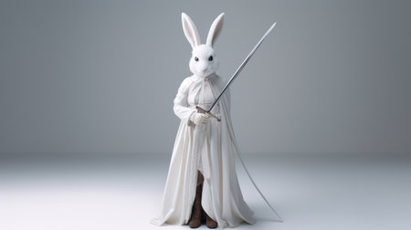 a 3d rendered photo of a bunny with a sword, set against a grey background. the image showcases intricate attention to detail in the bunny's costume and fashion, reminiscent of medieval-inspired attire. this high-resolution photo in 8k resolution captures the essence of aristocracy, resembling a national geographic-style depiction. found on flickr, this white bunny exudes elegance and charm. ai generatedの素材
