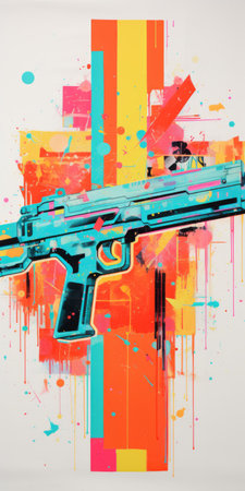 the painting features a vibrant neo-pop iconography with a gun surrounded by numerous paint splashes. the style incorporates light orange and cyan colors, showcasing a highly detailed and hard-edged composition. this tinkercore artwork combines elements of vibrant neo-traditional aesthetics, resulting in a visually striking and intricately detailed piece. ai generatedの素材