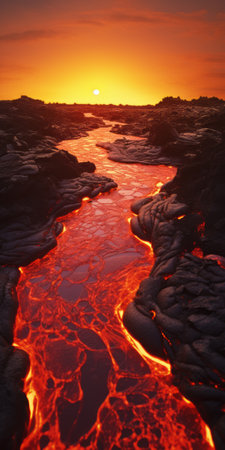 a stunning photograph of the usa showcasing its extreme and harsh beauty. the image captures the scorching heat and inhospitable nature of the land, with bubbling pools of lava adding to the dramatic scenery. this professional nature photograph is characterized by its exceptional detail, unique perspective, and the use of natural and cinematic lighting. shot with a hasselblad 6h camera, the image is rendered withの素材