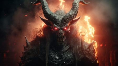 a mesmerizing baphomet with piercing red eyes, bathed in a captivating play of light and shadow. this hyper-realistic image showcases intricate details and a cinematic composition, reminiscent of 8k photography. with the use of advanced techniques like octane render, 4k post processing, and moody volumetric dynamic lighting, this artwork exudes an atmospheric and ethereal quality. inspired by the masterful works of craig mullins, this imageの素材
