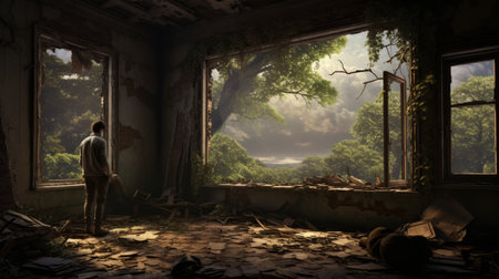 a man gazes at the sky in a dark, post-apocalyptic room, surrounded by highly detailed foliage. this daz3d image captures the beauty of the scene in 32k uhd resolution. the landscape photography showcases a thought-provoking social commentary on the ruins of a world gone by. ai generatedの素材