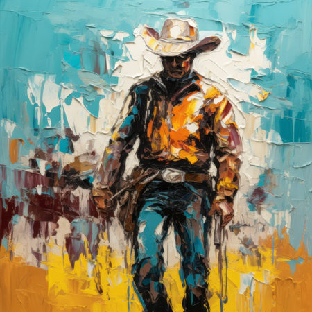 a post-impressionism painting on a rustic canvas featuring thick, textured brushstrokes created with oil and palette knife techniques. this minimalist style artwork by lil nas x showcases vibrant colors and a retro-cool aesthetic. ai generatedの素材
