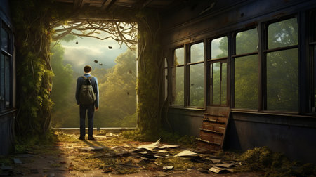 an old abandoned mansion with cracked windows on the second level reveals a bus stop outside. inside, wooden floors and vines on the walls create a haunting atmosphere. a 50-year-old man cautiously explores the surroundings, carrying a camping bag. the scene appears realistic and evokes a sense of mystery and curiosity. ai generatedの素材