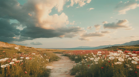path leading to wild flowers in a green field with clouds above. the mediterranean landscape is captured in a style of light crimson and light beige, creating a lo-fi aesthetic. the lively coastal landscapes are reminiscent of atmospheric and moody scenes. shot with an olympus xa, this image showcases the beauty of the outdoors with a touch of light red and cyan. ai generatedの素材