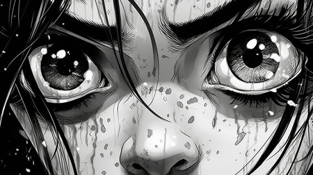 a black and white drawing of a girl with expressive eyes, created in the style of wet-on-wet blending. this artwork showcases a combination of comic panels, zbrush techniques, and aestheticized violence. the detailed depiction of the girl's features, along with the incorporation of indian scenes and anime-inspired character designs, adds a unique touch to the overall composition. ai generatedの素材