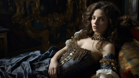 the actress is captured in a stunning photograph, seated on a couch adorned with baroque ornate details. she is wearing a deep blue dress and eye-catching red shoes, reminiscent of a pseudo-historical fiction setting. the image, shot in uhd, showcases the intricate costumes and pays homage to the works of artists like duffy sheridan, bernardo strozzi, and thomas benjamin kennington. ai generatedの素材
